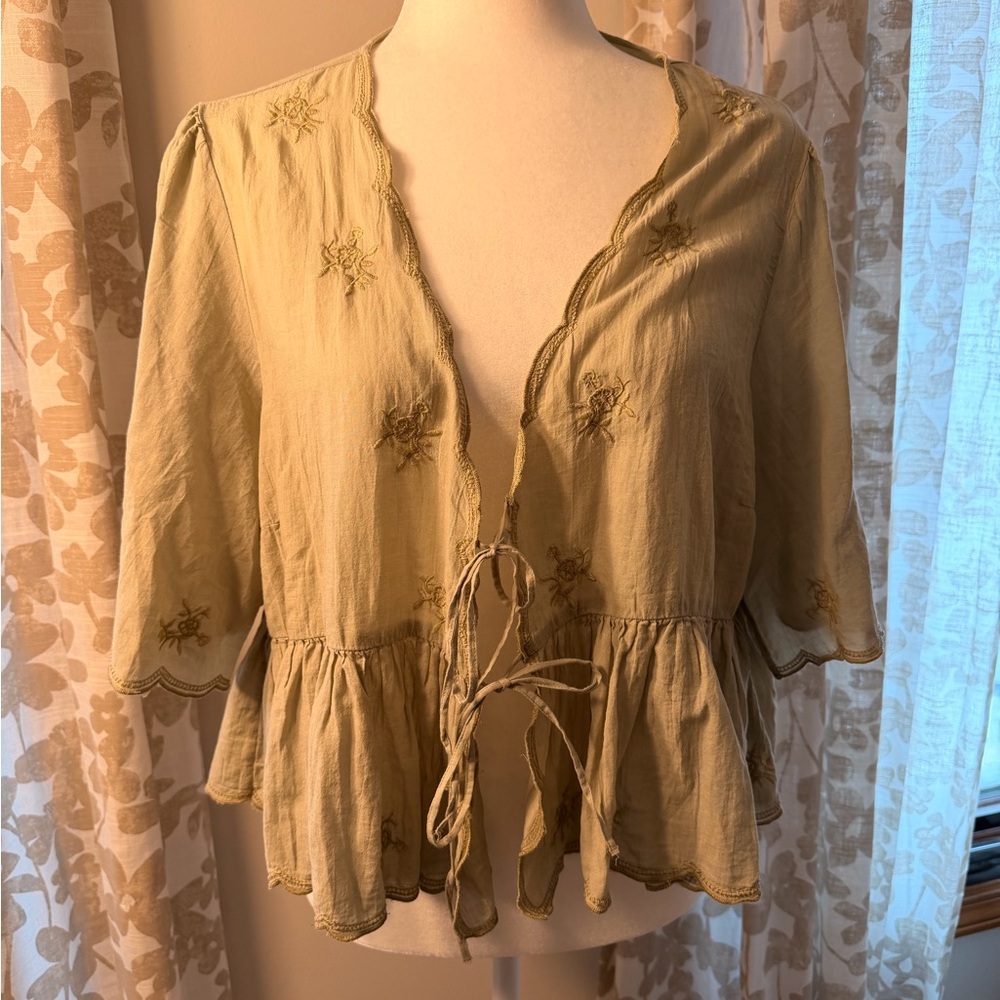 American Eagle Outfitters Light Olive Embroidered Blouse